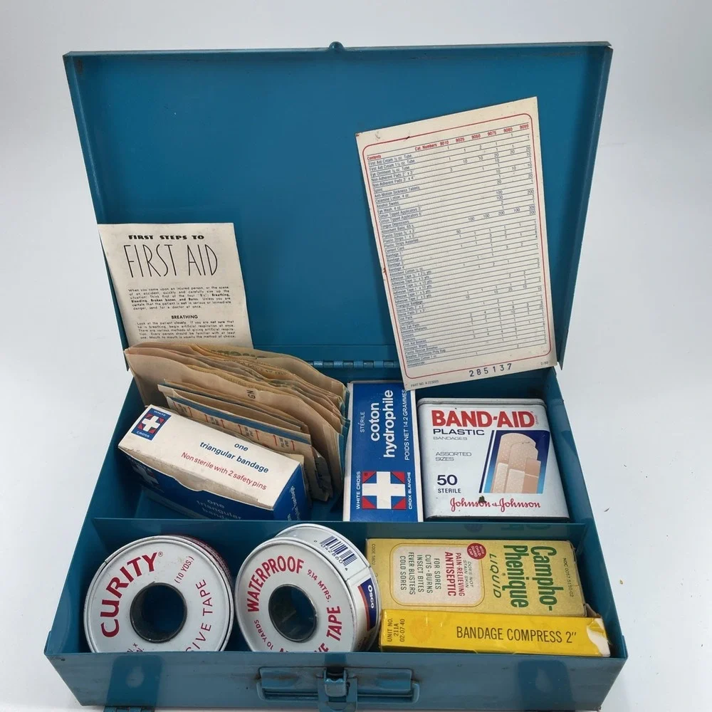 Steel Wall Mount First Aid Kit White Cross Lab Factory Industrial Film Prop Vtg